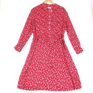 Appleseed's Vintage Midi Dress 14 Red Floral Long Sleeve Pleated Cottagecore USA
